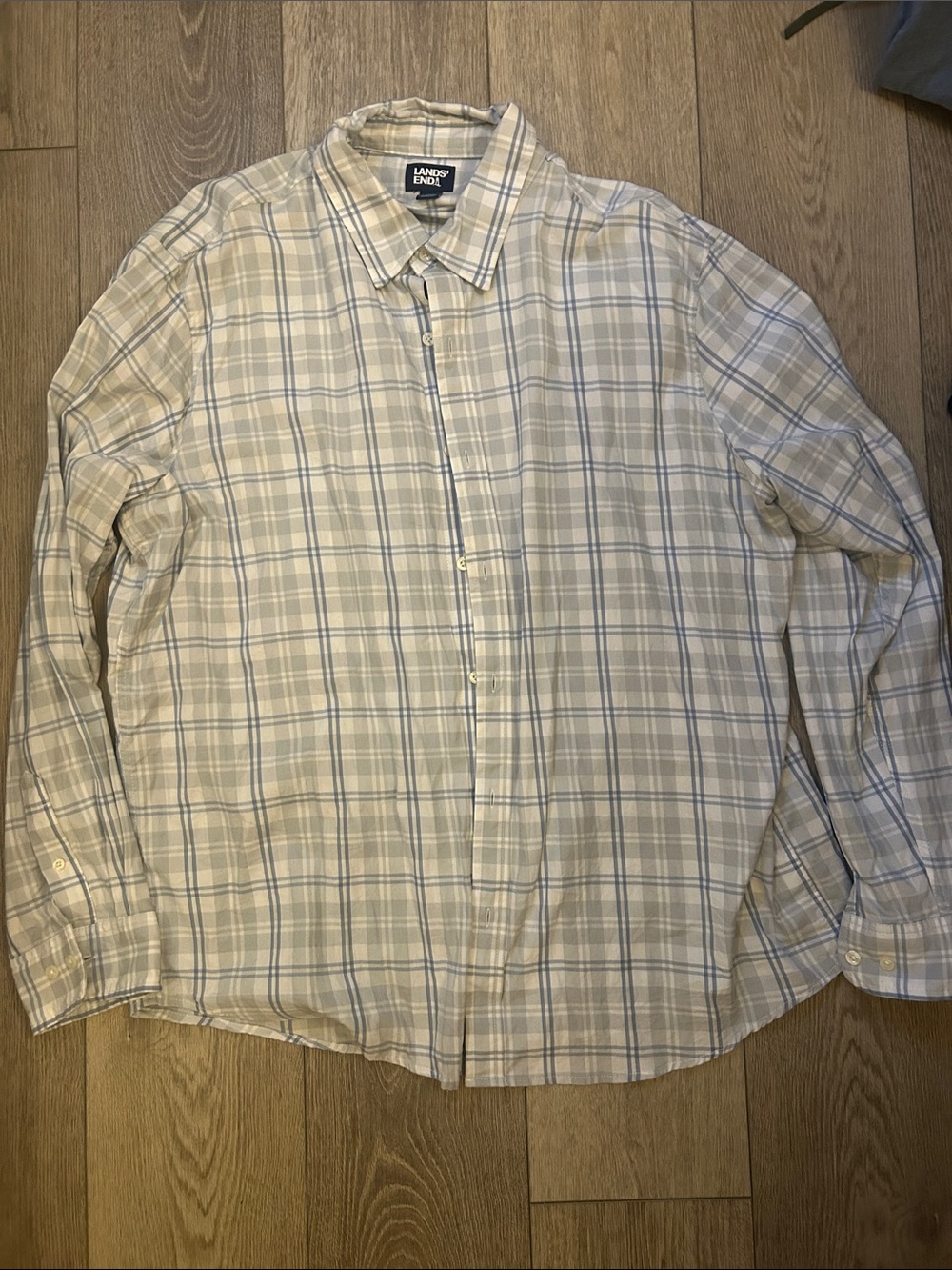 Lands' End Men's Light Beige and Blue Plaid Button-Down Shirt